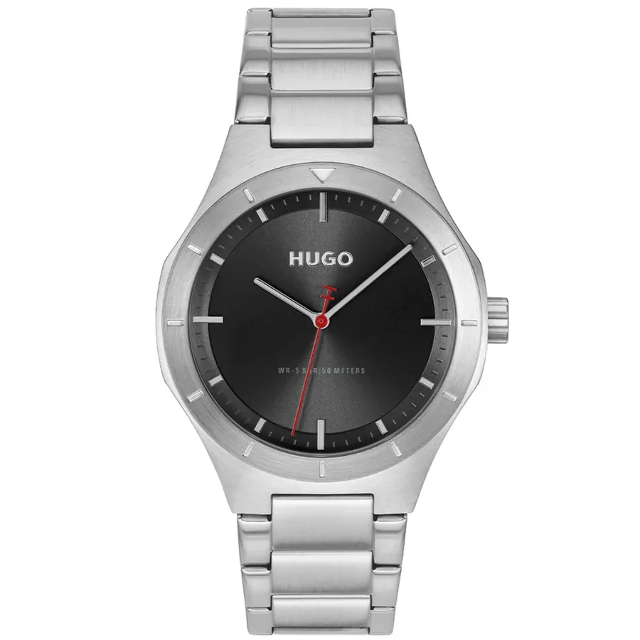 HUGO LIT 42mm Black Dial, Silver-Tone Stainless Steel Bracelet, front view