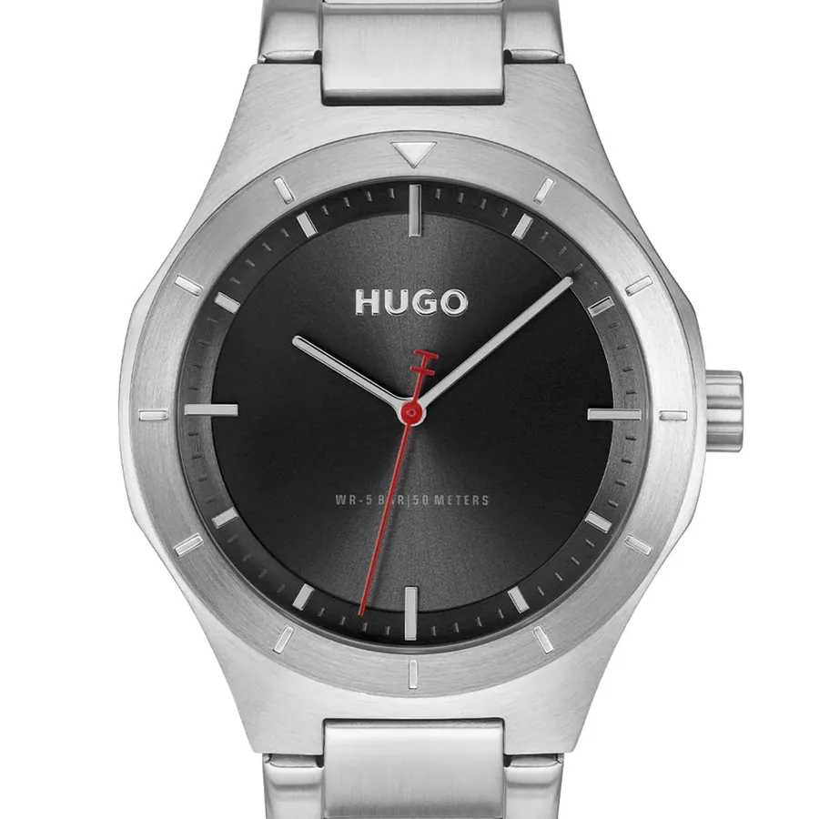 HUGO LIT 42mm Black Dial, Silver-Tone Stainless Steel Bracelet, view 2