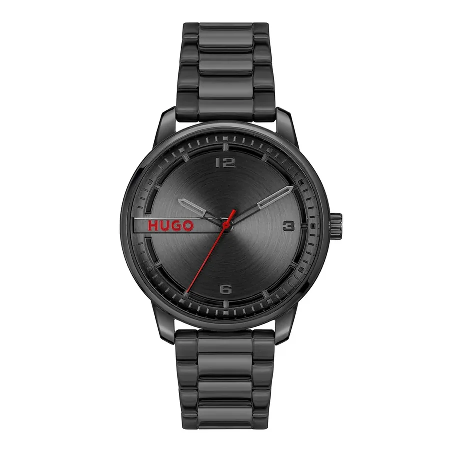 HUGO Stamp 42mm Black Dial, Black Metal Bracelet, front view