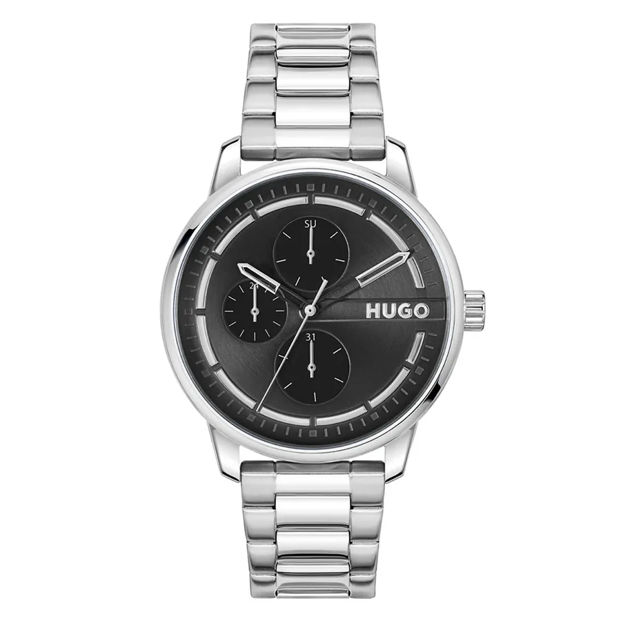 HUGO Stamp 44mm Black Dial, Silver-Tone Metal Bracelet, front view