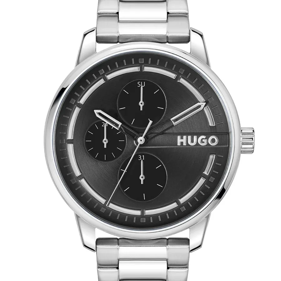 HUGO Stamp 44mm Black Dial, Silver-Tone Metal Bracelet, view 2