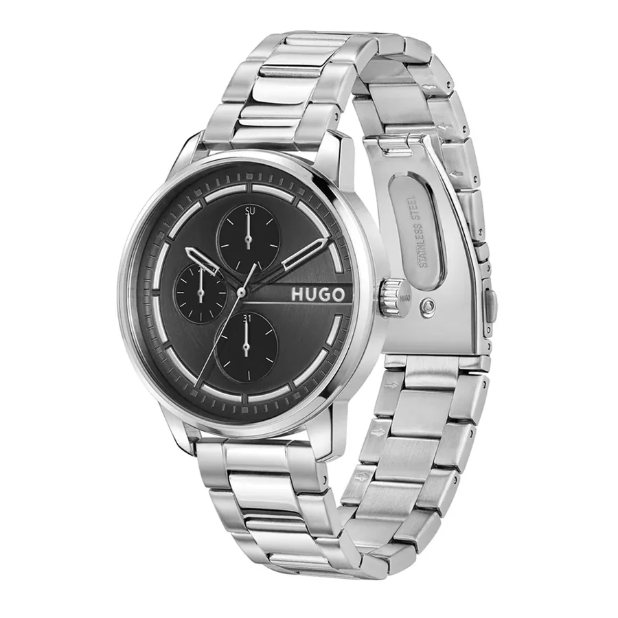 HUGO Stamp 44mm Black Dial, Silver-Tone Metal Bracelet, view 3