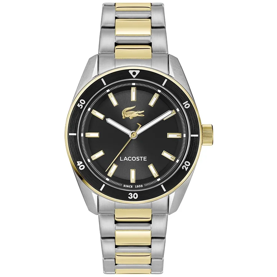 Lacoste Boston 39mm Black Dial, Silver and Gold-Tone Stainless Steel Bracelet, front view