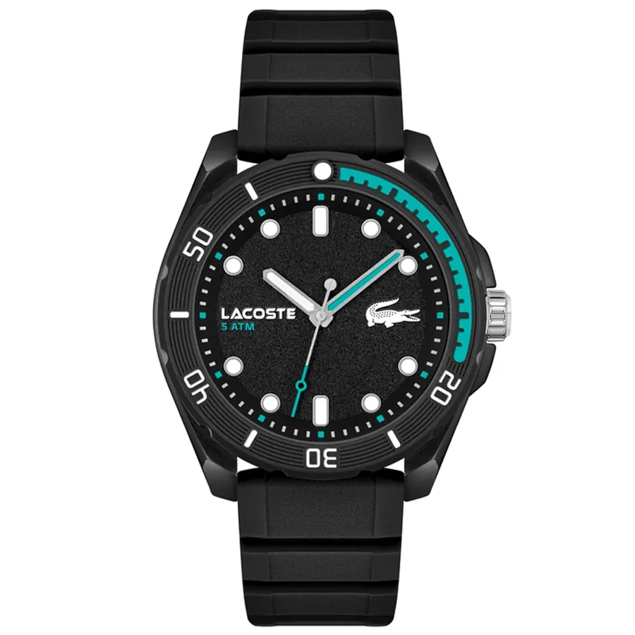 Lacoste Finn 44mm Black Dial, Black Rubber Strap, front view