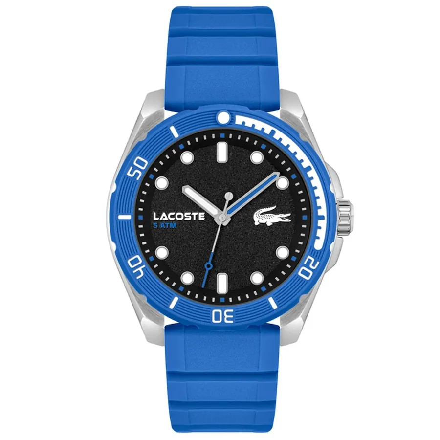 Lacoste Finn 44mm Black Dial, Blue Rubber Strap, front view