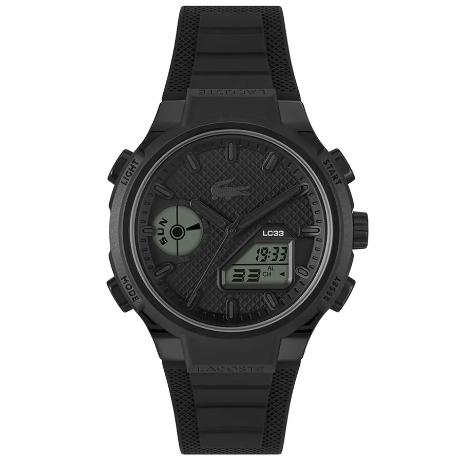 Lacoste LC33 45mm Black Dial, Black Rubber Strap, front view