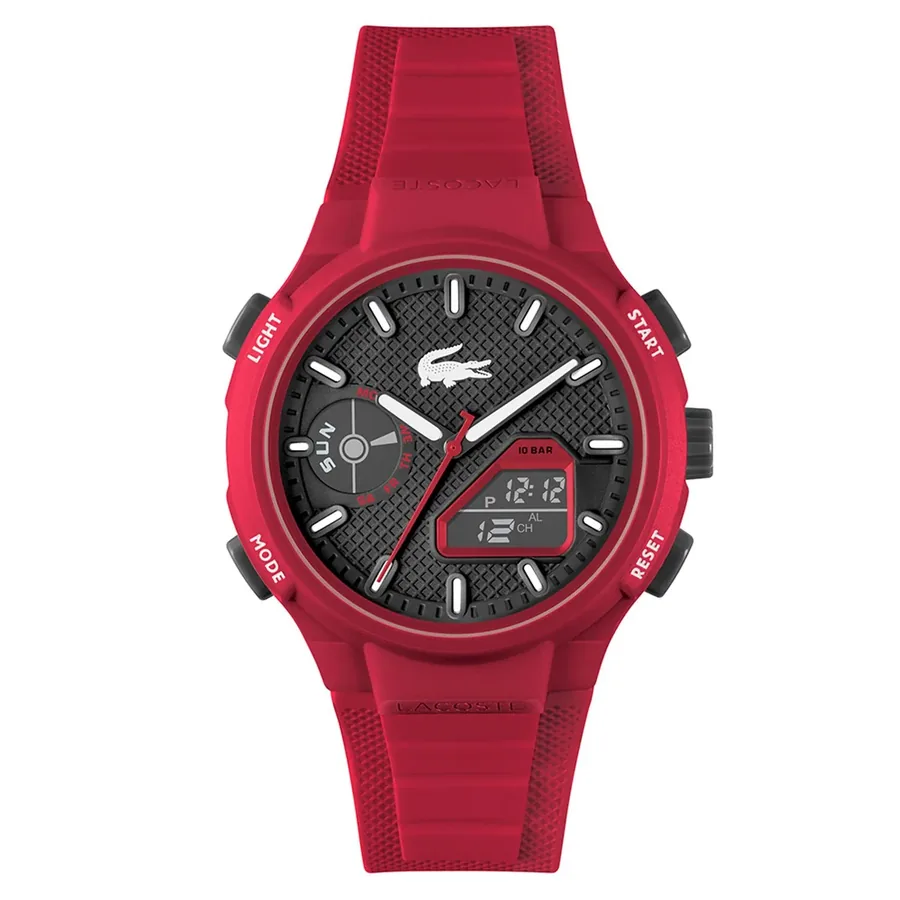 Lacoste LC33 45mm Black Dial, Red Rubber Strap, front view