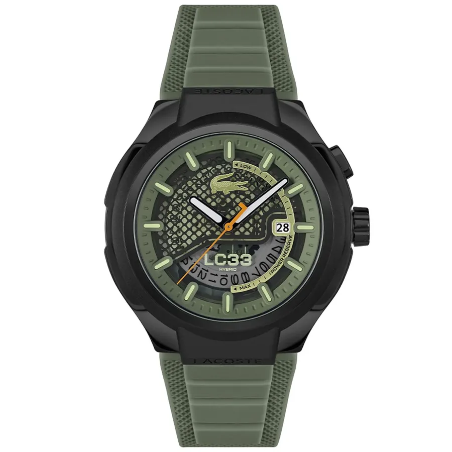 Lacoste LC33 Hybrid 44mm Black Dial, Green Rubber Strap, front view