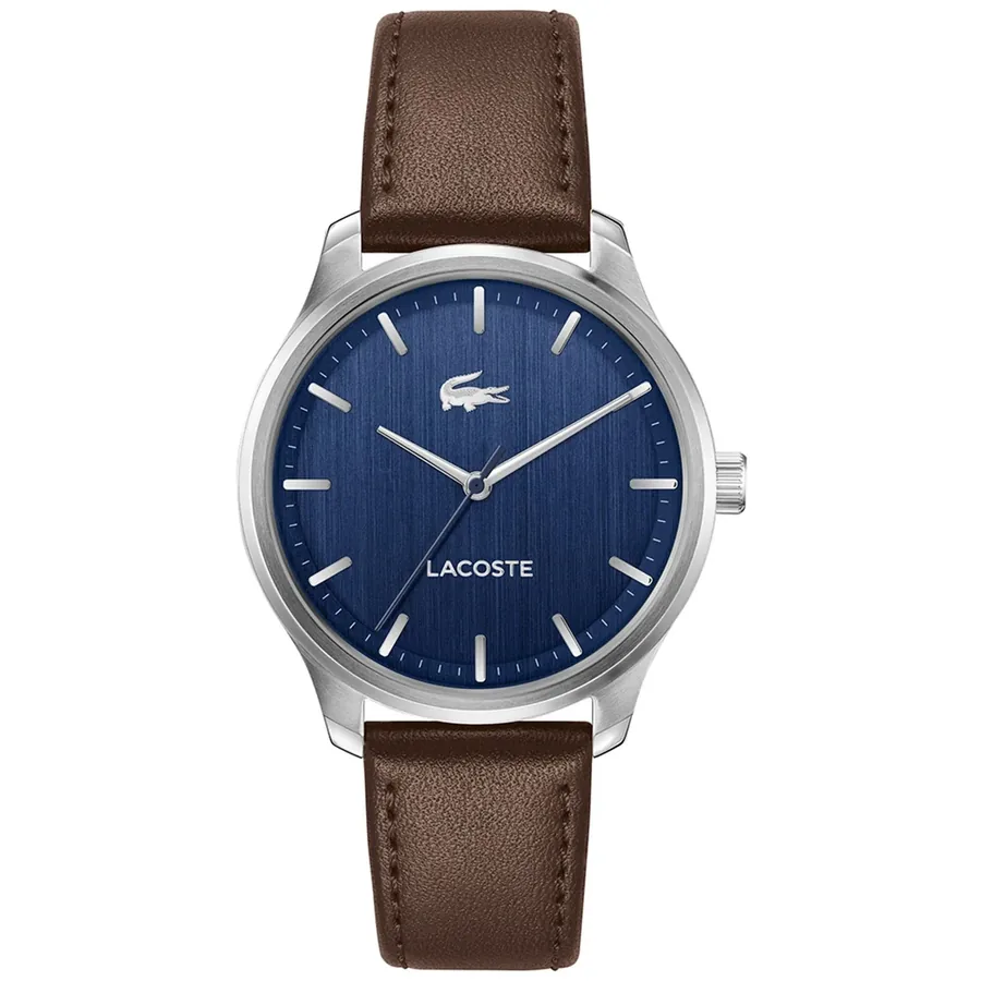 Lacoste Lisbon 43mm Blue Dial, Brown Leather Strap, front view