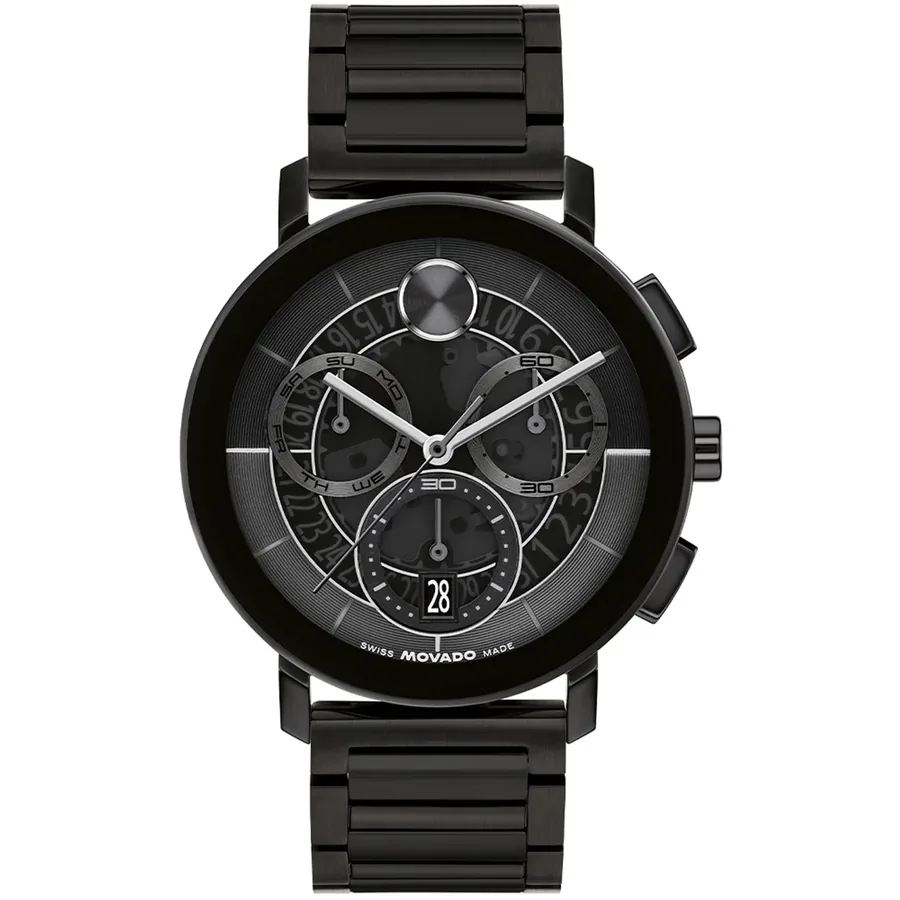 Movado 42mm Chronograph Black Dial, Black Stainless Steel Bracelet, front view