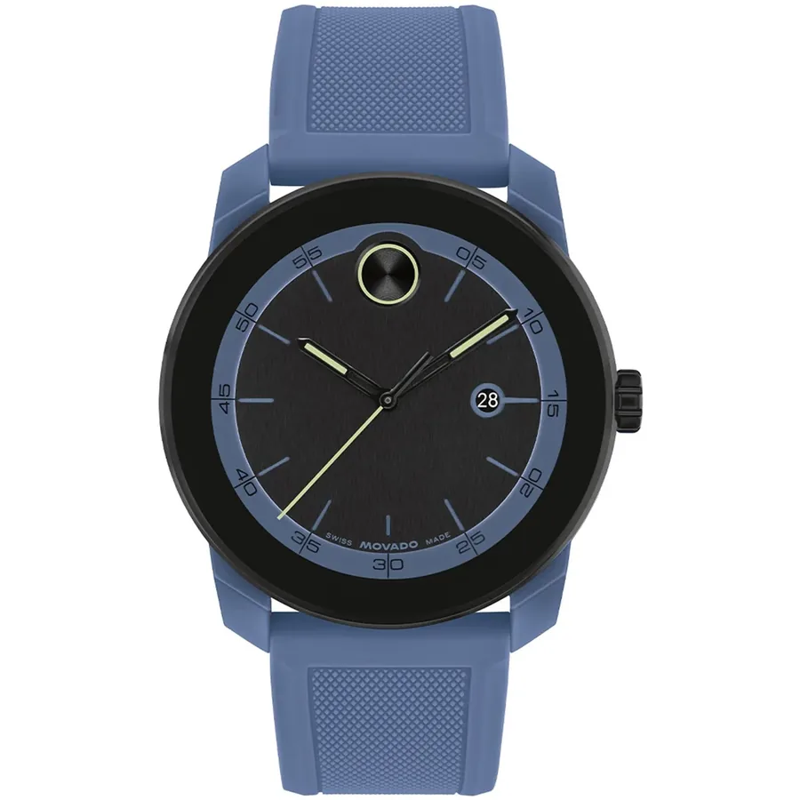 Movado 42mm Chronograph Black Dial, Blue Rubber Strap, front view
