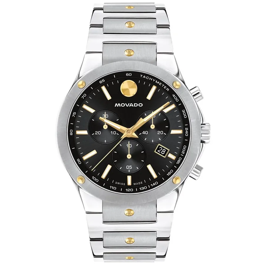 Movado 42mm Chronograph Black Dial, Silver-Tone Metal Bracelet, front view