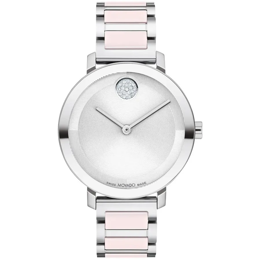 Movado Bold Evolution 34mm Silver Dial, Silver-Tone and Pink Metal Bracelet, front view