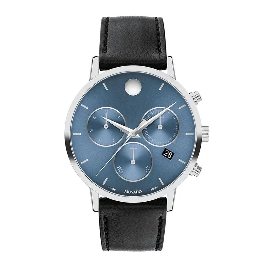 Movado Museum Classic 42mm Chronograph Blue Dial, Black Leather Strap, front view