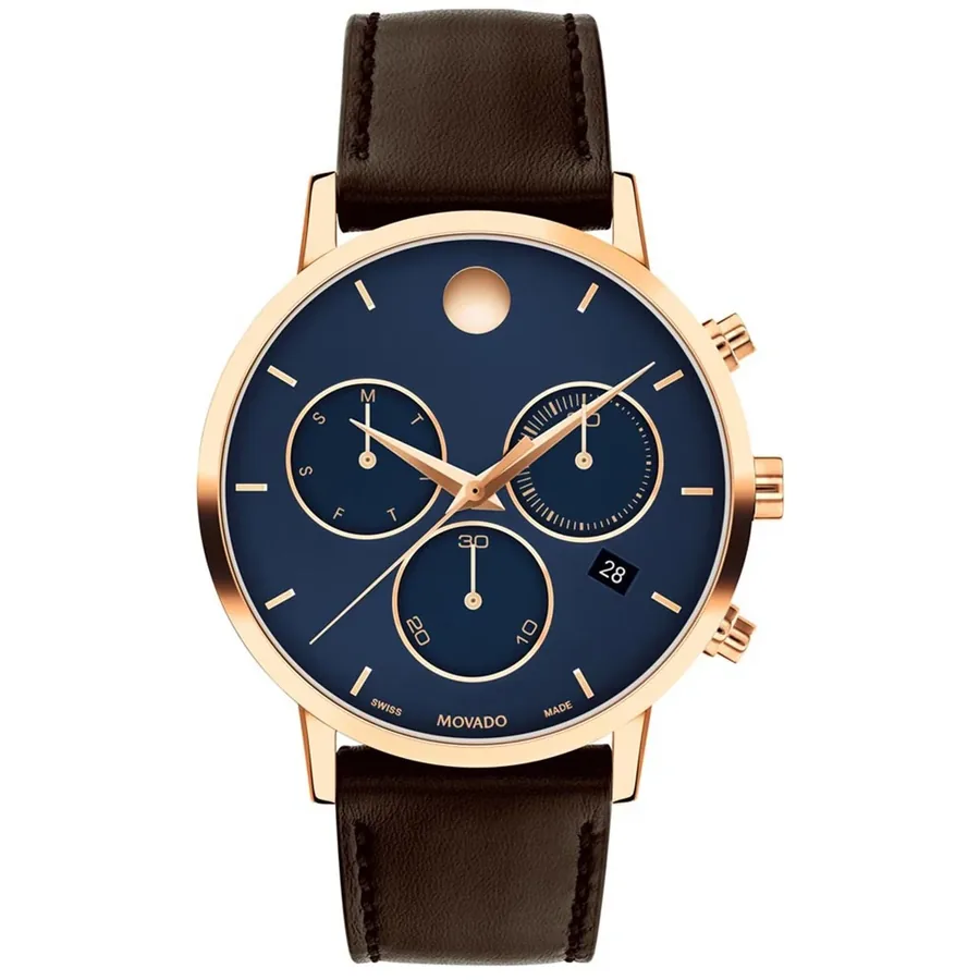 Movado Museum Classic 42mm Chronograph Blue Dial, Brown Leather Strap, front view