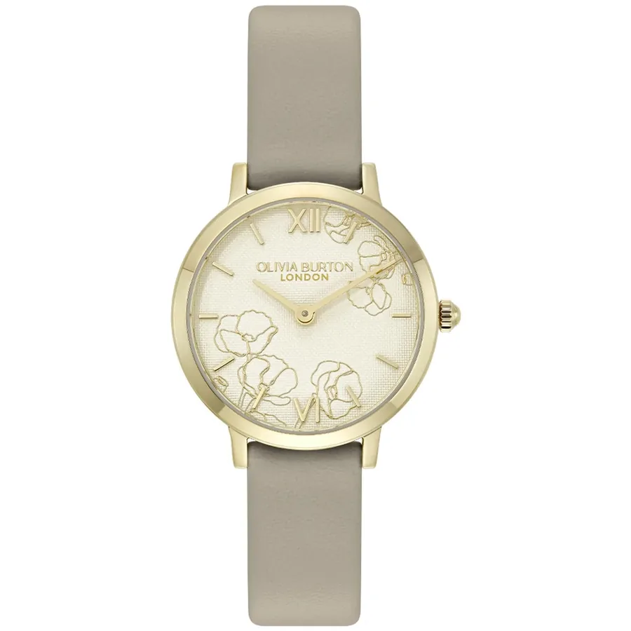 Olivia Burton Abstract Floral 28mm Floral Dial, Grey Leather Strap, front view