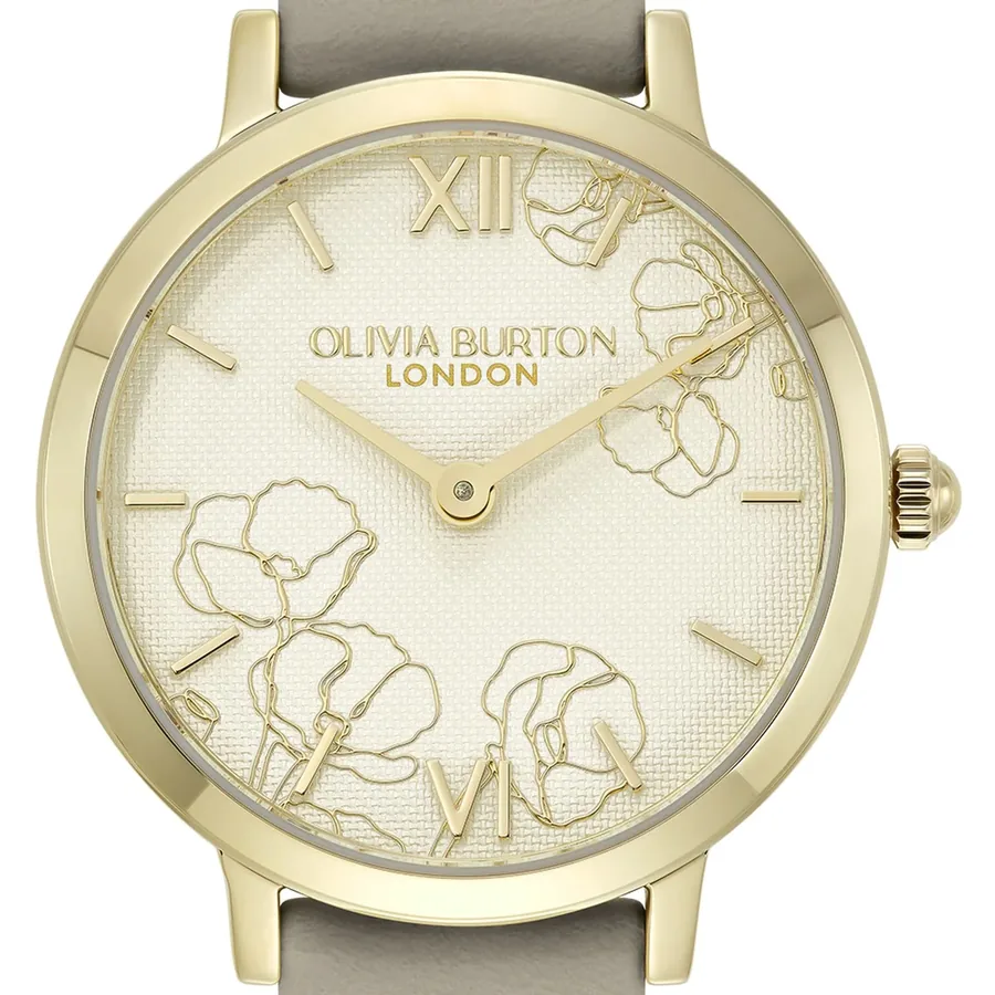 Olivia Burton Abstract Floral 28mm Floral Dial, Grey Leather Strap, view 2