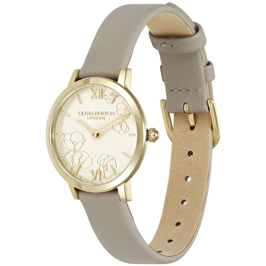Olivia Burton Abstract Floral 28mm Floral Dial, Grey Leather Strap, view 3