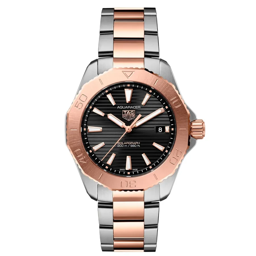 TAG Heuer Aquaracer Solar 40mm Black Dial, Silver and Rose Gold-Tone Stainless Steel Bracelet, front view