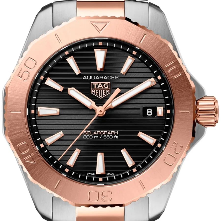 TAG Heuer Aquaracer Solar 40mm Black Dial, Silver and Rose Gold-Tone Stainless Steel Bracelet, view 2