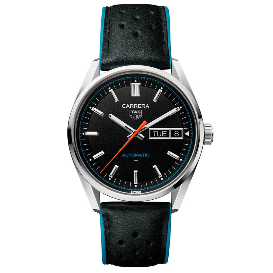 TAG Heuer Carrera 41mm Automatic Black Dial, Black Leather Strap, front view