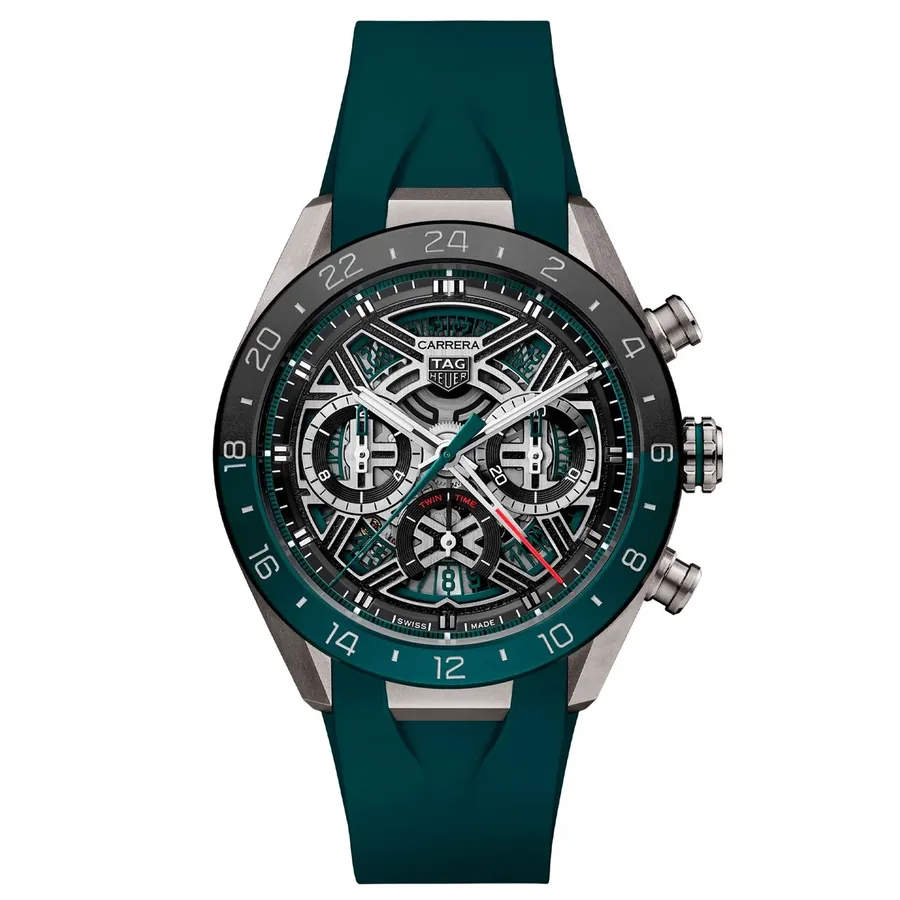 TAG Heuer Carrera 44mm Chronograph Black Dial, Green Rubber Strap, front view
