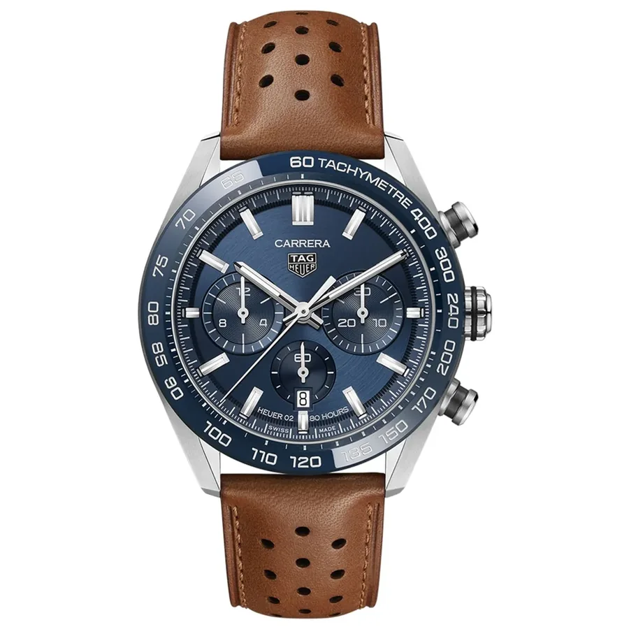 TAG Heuer Carrera 44mm Chronograph Blue Dial, Brown Leather Strap, front view