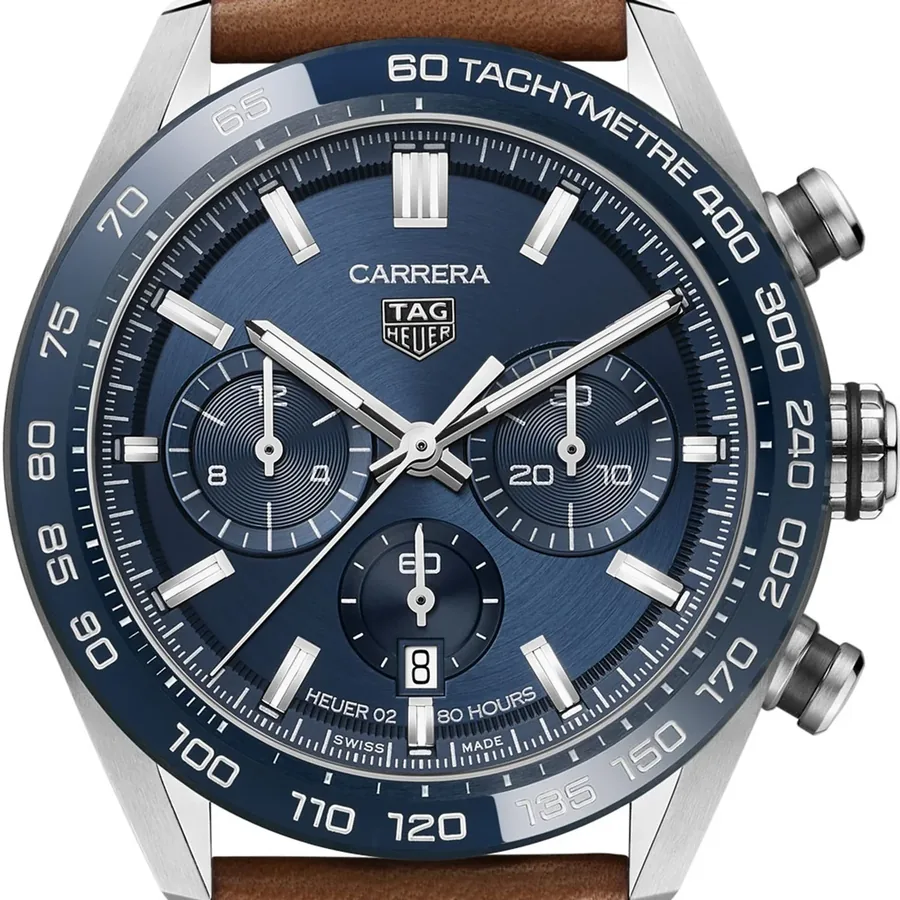 TAG Heuer Carrera 44mm Chronograph Blue Dial, Brown Leather Strap, view 2