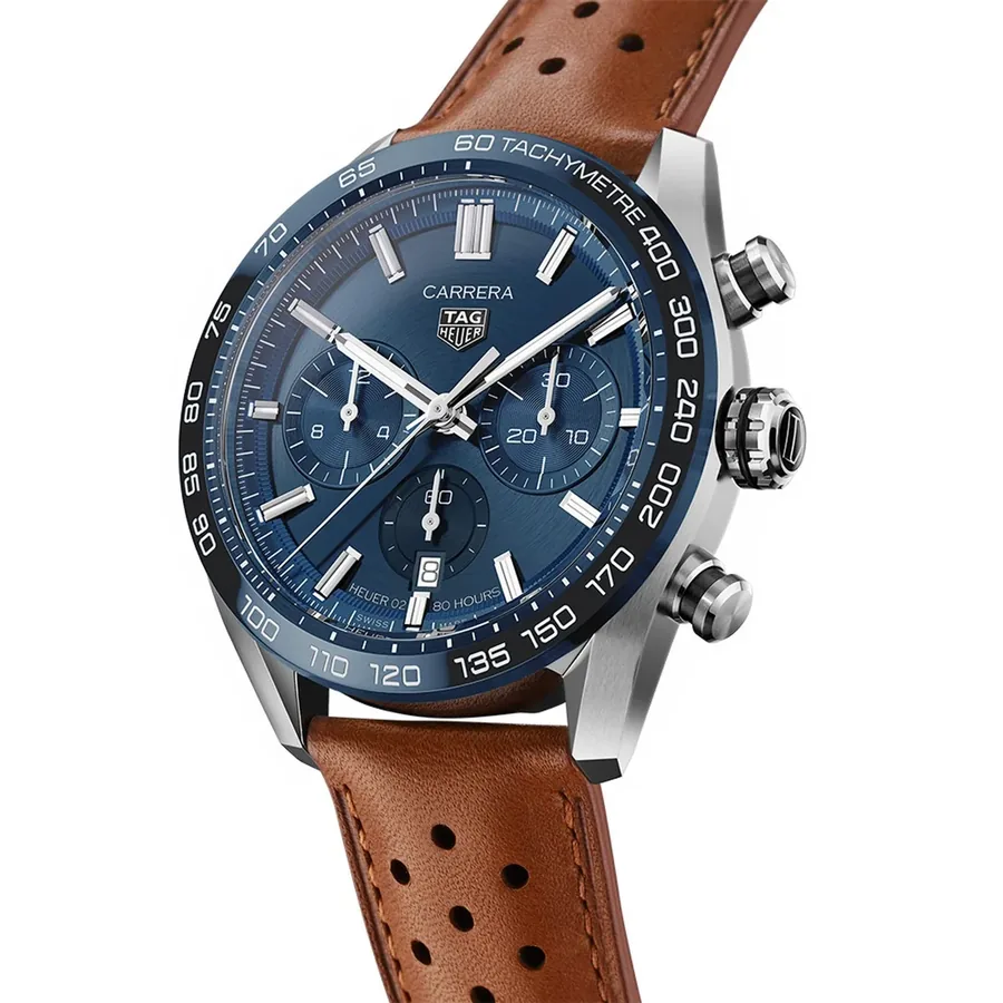 TAG Heuer Carrera 44mm Chronograph Blue Dial, Brown Leather Strap, view 3