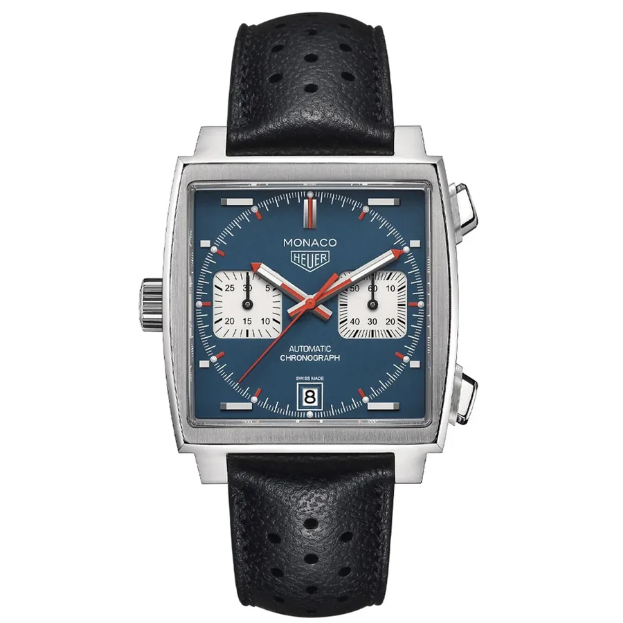 TAG Heuer Monaco 39mm Chronograph Blue Dial, Black Leather Strap, front view
