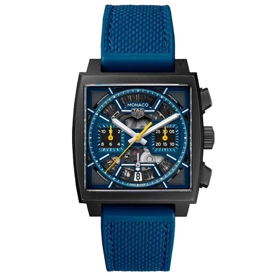 TAG Heuer Monaco 39mm Chronograph Blue Dial, Blue Leather and Rubber Strap, front view