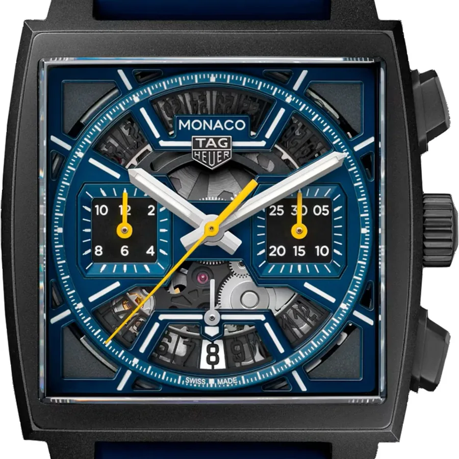 TAG Heuer Monaco 39mm Chronograph Blue Dial, Blue Leather and Rubber Strap, view 2
