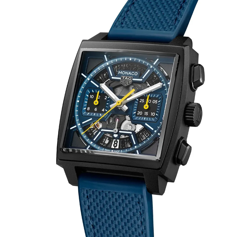 TAG Heuer Monaco 39mm Chronograph Blue Dial, Blue Leather and Rubber Strap, view 3