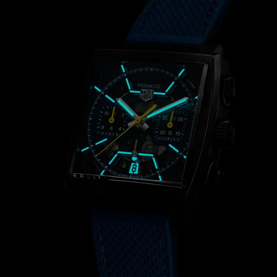 TAG Heuer Monaco 39mm Chronograph Blue Dial, Blue Leather and Rubber Strap, view 5
