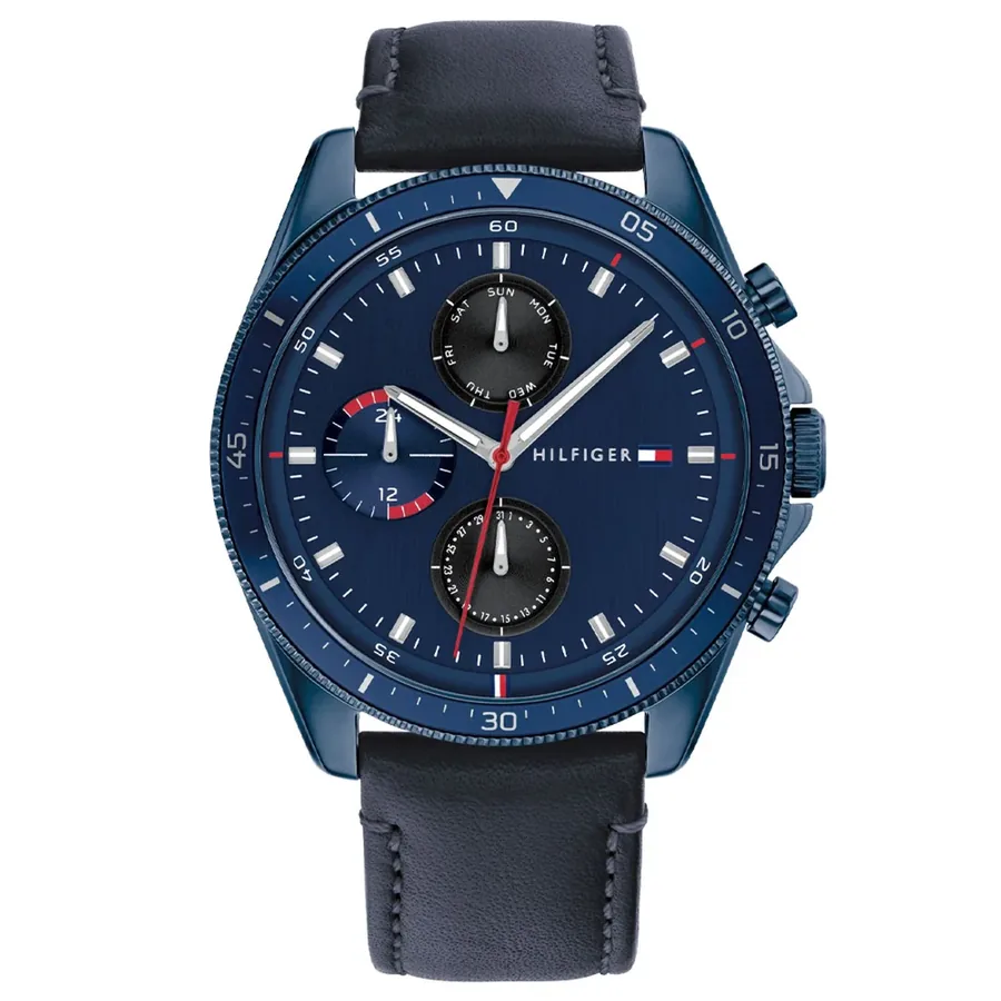 Tommy Hilfiger 44mm Blue Dial, Blue Leather Strap, front view
