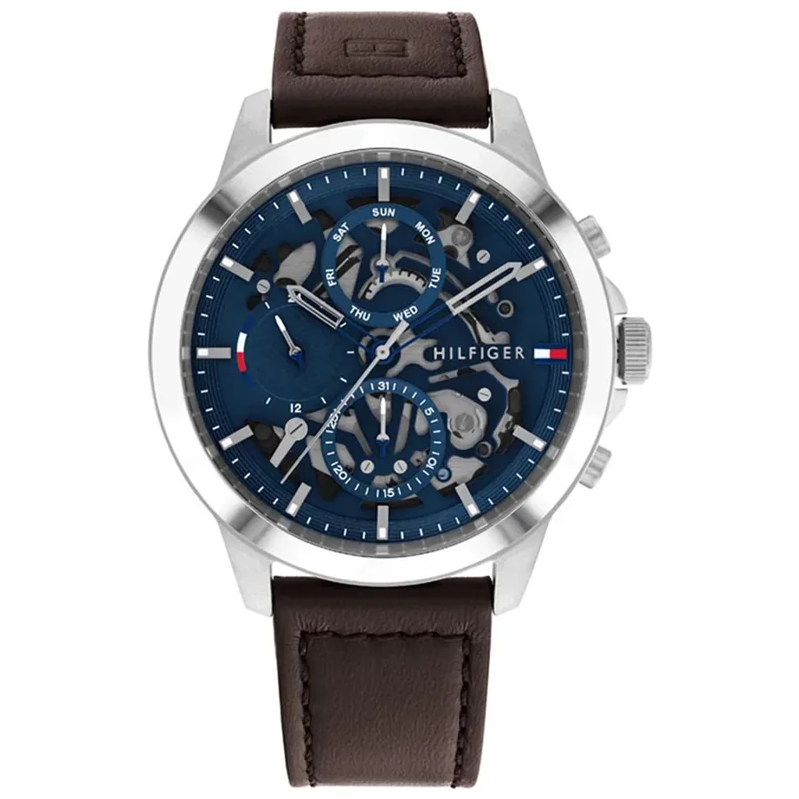Tommy Hilfiger 44mm Blue Dial, Brown Leather Strap, front view