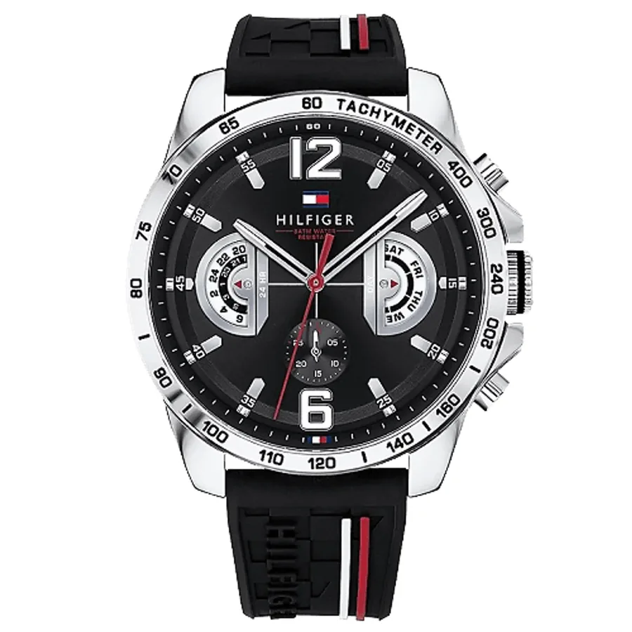 Tommy Hilfiger 46mm Watch, Black Rubber Strap, front view