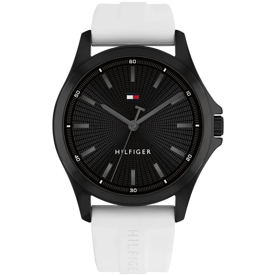 Tommy Hilfiger Bruce 43mm Black Dial, White Rubber Strap, front view