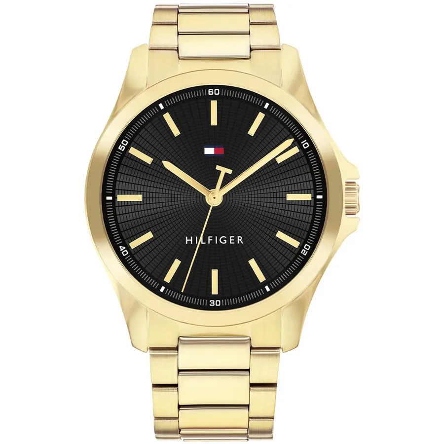 Tommy Hilfiger Bruce 43mm Black Dial, Gold-Tone Stainless Steel Bracelet, front view