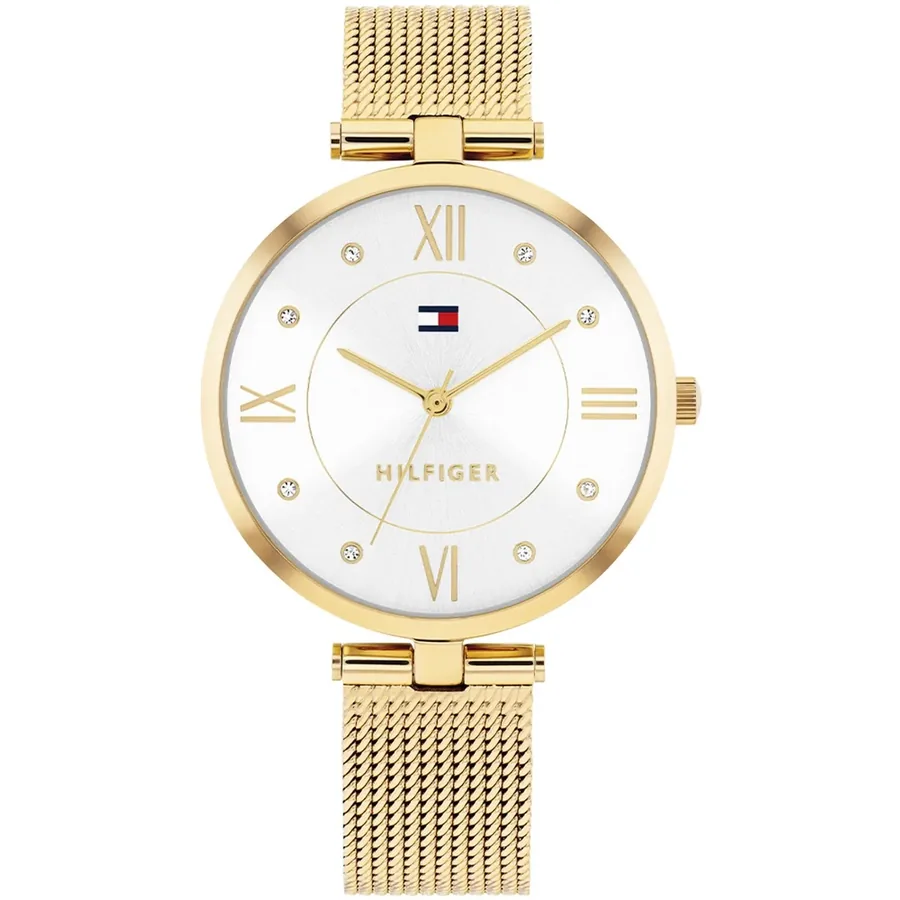 Tommy Hilfiger Ella 34mm Silvery White Dial, Gold-Tone Stainless Steel Bracelet, front view