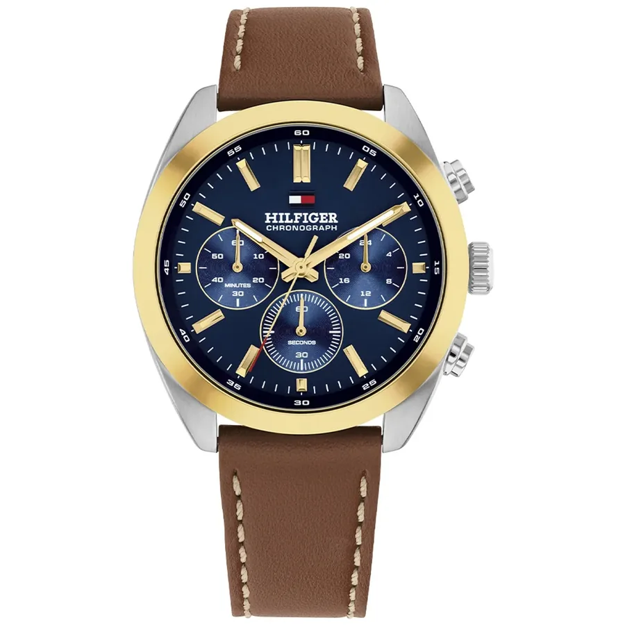 Tommy Hilfiger Hudson 40mm Chronograph Blue Dial, Brown Leather Strap, front view