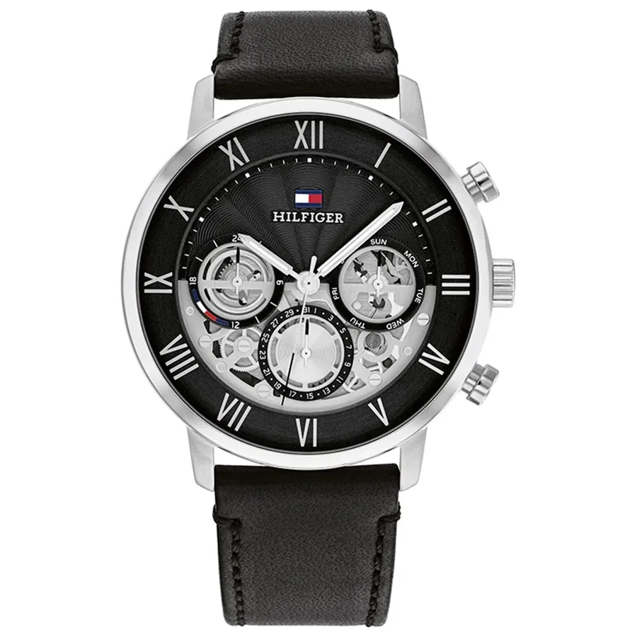 Tommy Hilfiger Legend 44mm Black Dial, Black Leather Strap, front view