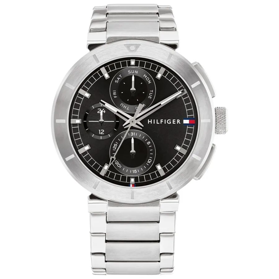 Tommy Hilfiger Lorenzo 44mm Black Dial, Silver-Tone Stainless Steel Bracelet, front view