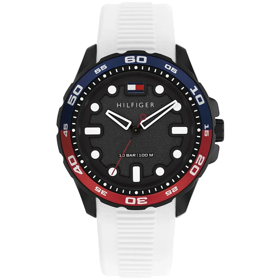 Tommy Hilfiger Regatta 42mm Black Dial, White Rubber Strap, front view