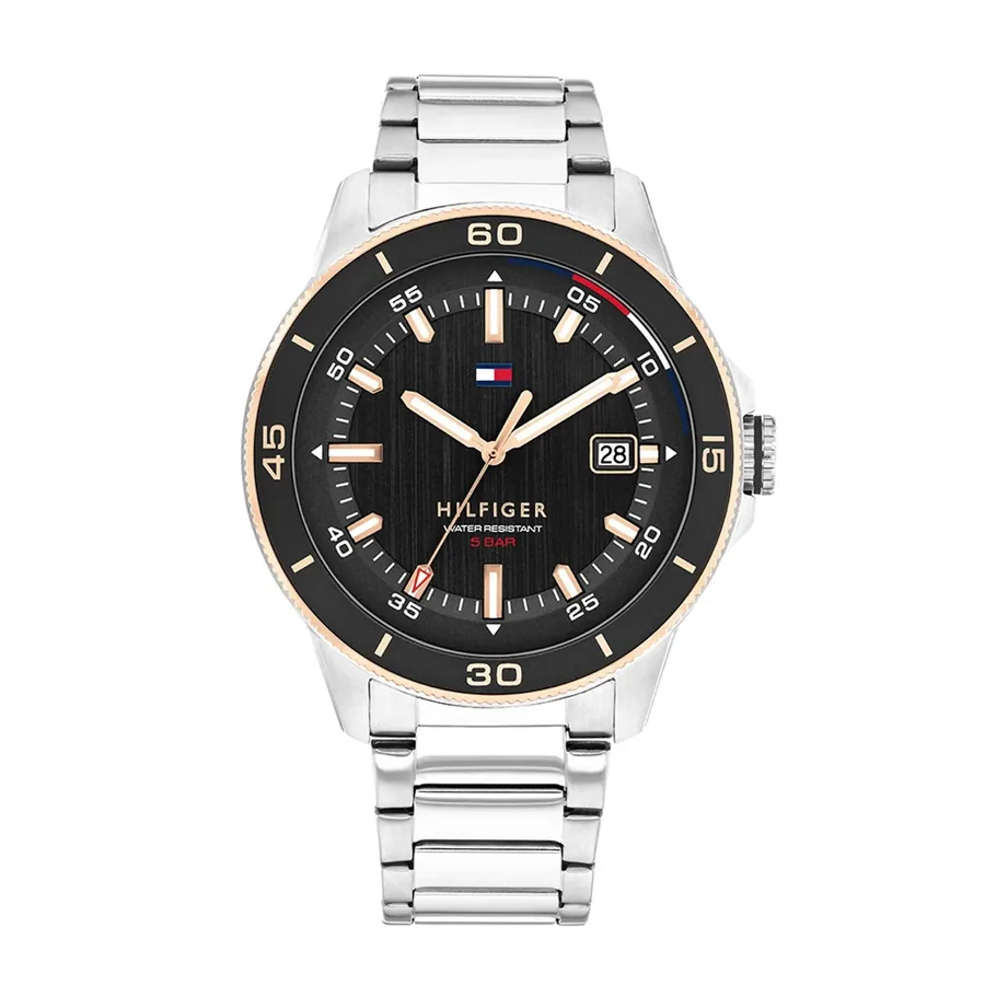 Tommy Hilfiger Remy 43mm Black Dial, Silver-Tone Stainless Steel Bracelet, front view