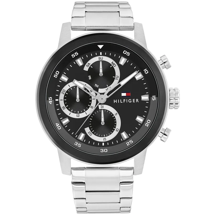 Tommy Hilfiger Rocky 46mm Black Dial, Silver-Tone Stainless Steel Bracelet, front view
