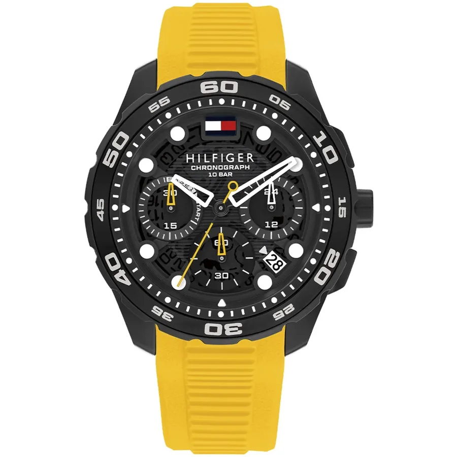 Tommy Hilfiger TH Regatta 44mm Chronograph Black Dial, Yellow Silicone Strap, front view