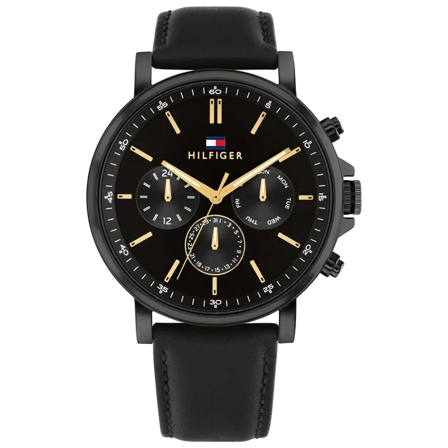 Tommy Hilfiger Tyson 43mm Black Dial, Black Leather Strap, front view