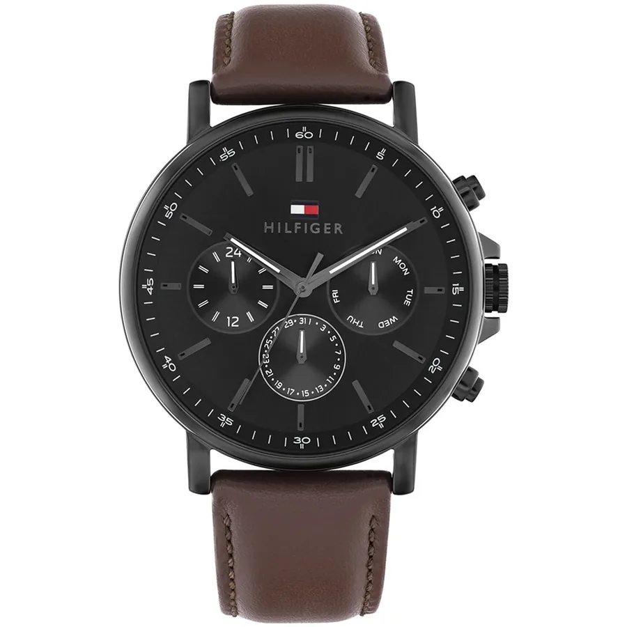 Tommy Hilfiger Tyson 43mm Black Dial, Brown Leather Strap, front view