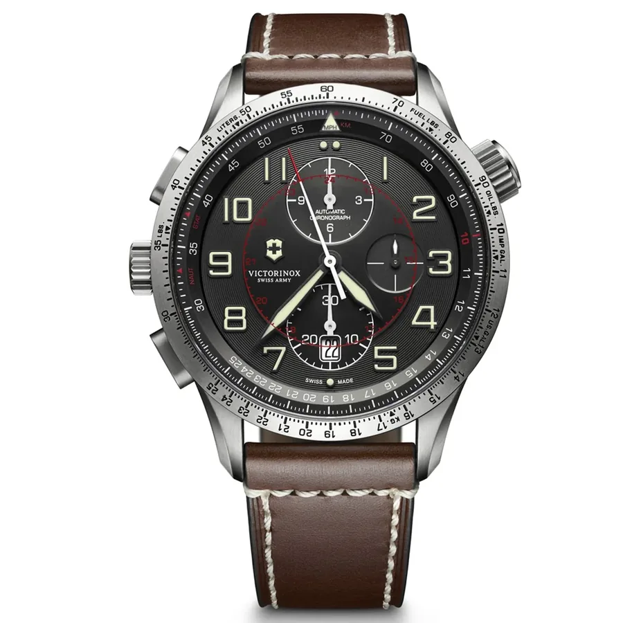 Victorinox Airboss 45mm Chronograph Black Dial, Brown Leather Strap, front view